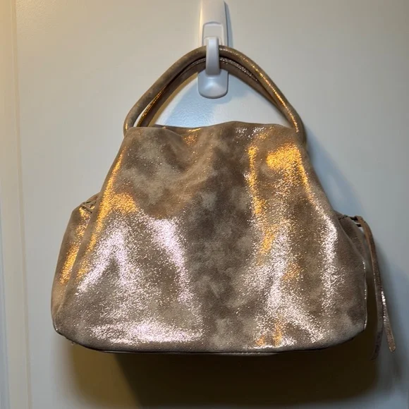 HOBO Gold Metallic Hand Bag with Distressed Leather Finish - Picture 2 of 7